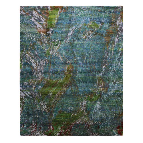 Aqua Marine Oceanic Design, Hand Knotted Sari Silk & Textured Wool, Oriental Rug