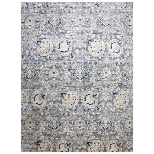 Charcoal Gray Tulip and Large Blossom Design Pure Silk with Textured Wool Hand Knotted Oversize Oriental Rug