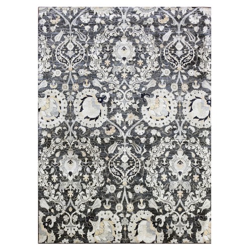 Gray-Blue Tulip and Large Blossom Design Pure Silk with Textured Wool Hand Knotted Oriental Rug
