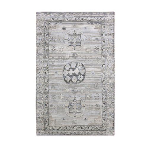 Suede Gray, Hand Knotted Silk with Textured Wool, Khotan Design, Oriental Rug