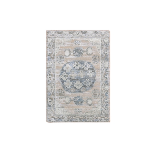 Graceful Gray, Khotan Design, Silk with Textured Wool, Hand Knotted Mat Oriental Rug