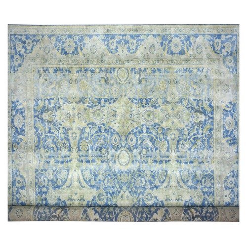 Admiral Blue, Wool and Silk, Distinct Abrush, Persian Repetitive Design, Shaved Low, Mansion Sized, Hand Knotted, XL, Oriental 