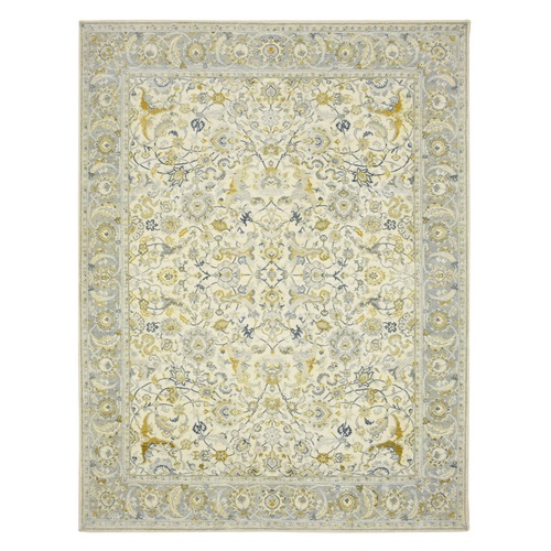 Linen White, Hand Knotted, 17th Century Persian Esfahan Inspired with Polonaise Influence Design, Shaved Low, Distressed, 100% Wool, Oriental 