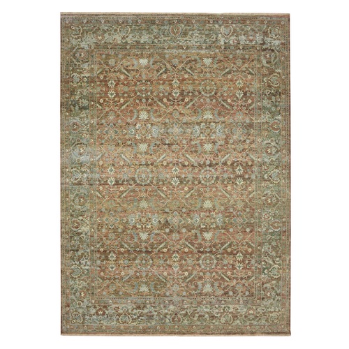 Champagne and Sunset Colors, All Over Ziegler Mahal Design with Antique Persian Influence, Distressed and Erased, Sheared Low, Hand Knotted, 100% Wool, Distinct Abrash, Oriental 