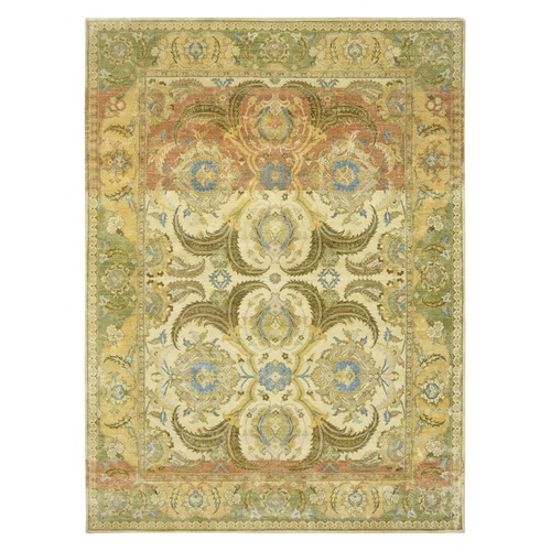 Dusty Yellow, Polonaise Design, Pure Silk with Distinct Abrash, Hand Knotted, Soft Pile, Oriental 