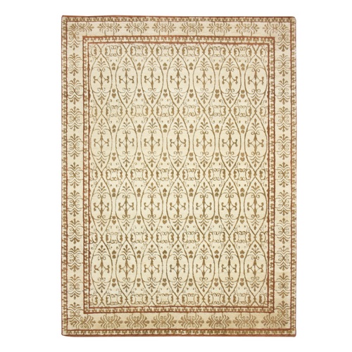 Ivory with Warm Earth Tone Colors, Persian Influence Design, Shaggy Pile, Hi and Low, Tone on Tone, Pure Wool, Hand Knotted, Oriental 