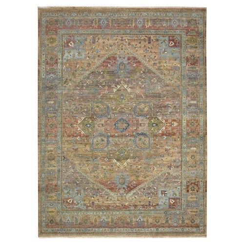 Rust Orange, Heriz Revival with Flower Medallion, Distinct Abrash, Thick and Plush, Vegetable Dyes, Pure Wool, Hand Knotted, Oriental 