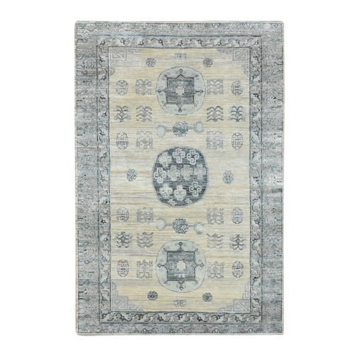 Beige, Khotan Influence, Shaved Low, Distressed, Zero Pile, Hand Knotted, Pure Silk, Oriental 
