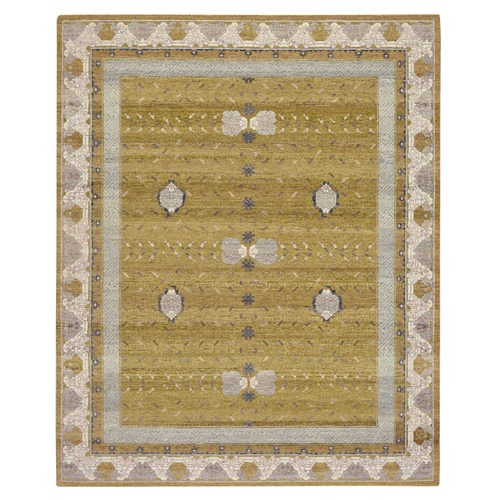 Golden Yellow, Khotan Influence with Pomegranate Design, Zero Pile, Shaved Low, Hand Knotted, 100% Wool, Oriental 