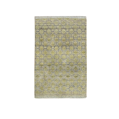 Olive Green, Khotan Design, Silk, Hand Knotted, Sample, Mat, Oriental 