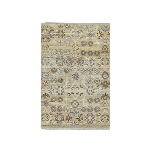 Beige, Khotan Design, Hand Knotted, Pure Wool, Sample, Mat, Oriental 