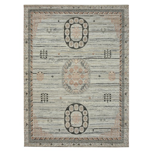 Stone Gray, Khotan Influence, Shaved Low, Distressed, Zero Pile, Hand Knotted, Pure Silk, Oriental 