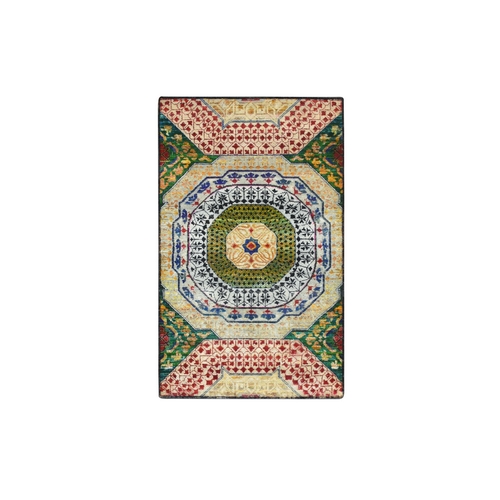 Mimosa Yellow, Colorful Mamluk Design, Sari Silk with Textured Wool, Hand Knotted, Oriental Rug