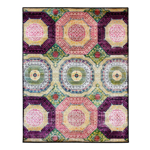 Lemon Yellow, Colorful Mamluk Design, Hand Knotted, Sari Silk with Textured Wool, Oriental Rug