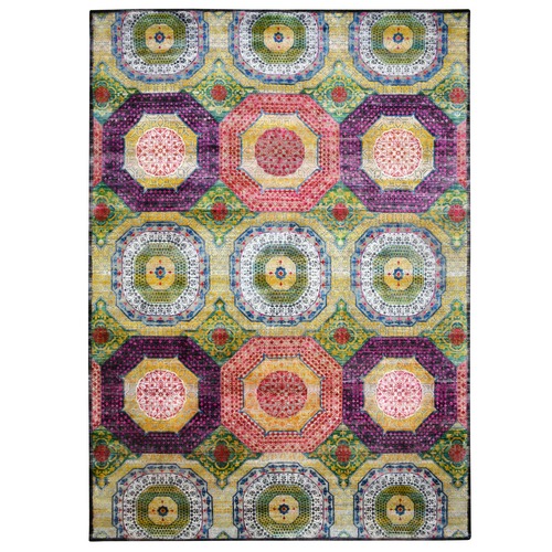 Mimosa Yellow, Colorful Mamluk Design, Sari Silk with Textured Wool, Hand Knotted, Oriental Rug