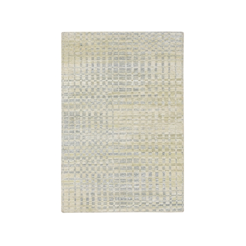 Tan Brown with Gray, Mid Century Inspired Grid and Line Design, Modern, Wool & Pure Silk, Hand Knotted Oriental 