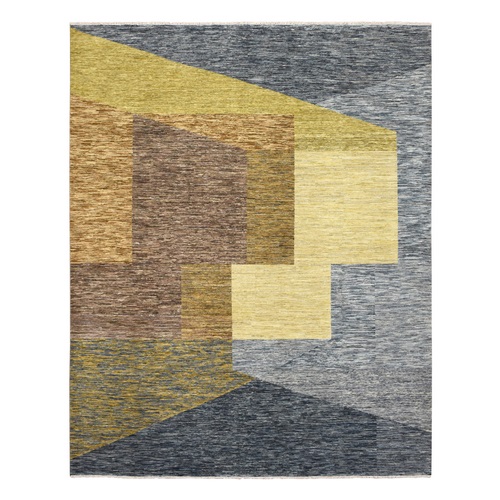 Shades of Yellow with Gray, Bauhaus and Mid Century Inspired, Modern, Zero Pile, Sheared Low, 100% Wool, Hand Knotted Oriental 