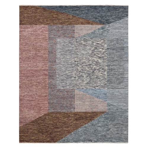 Shades of Gray with Brown, Colorful, Bauhaus and Mid Century Inspired, Hand Knotted, Modern, Zero Pile, Sheared Low, Pure Wool Oriental 