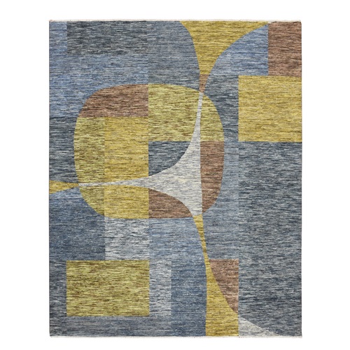 Shades of Gray with Yellow, Modern, Bauhaus and Mid Century Inspired, Zero Pile, Sheared Low, 100% Pure Wool, Hand Knotted Oriental 