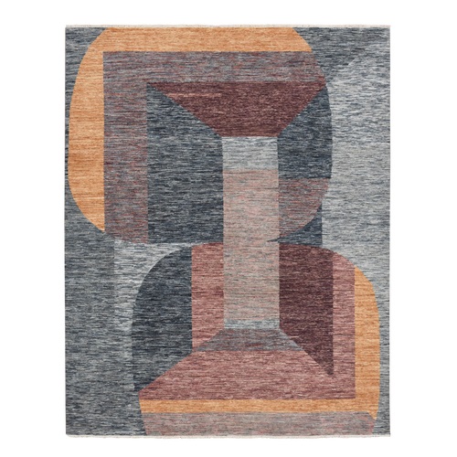 Shades of Gray with Brown, Modern, Bauhaus and Mid Century Inspired, Zero Pile, Sheared Low, Hand Knotted Pure Wool, Oriental 