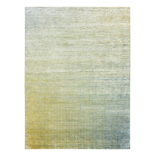 Lemon Yellow, Modern, Mid Century Inspired Grid and Line Design, Wool & Pure Silk, Hand Knotted Oriental Rug