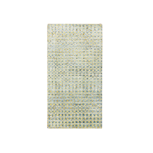 Lemon Yellow, Sample, Modern, Mid Century Inspired Grid and Line Design, Wool & Pure Silk, Hand Knotted Oriental 