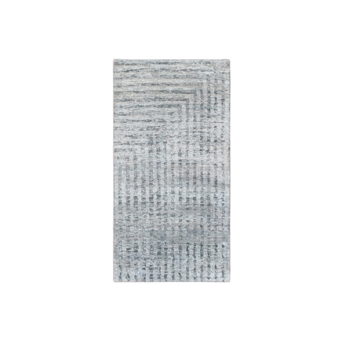 Misty Gray, Modern, Mid Century Inspired Grid and Line Design, Wool & Pure Silk, Hand Knotted, Mat, Oriental 