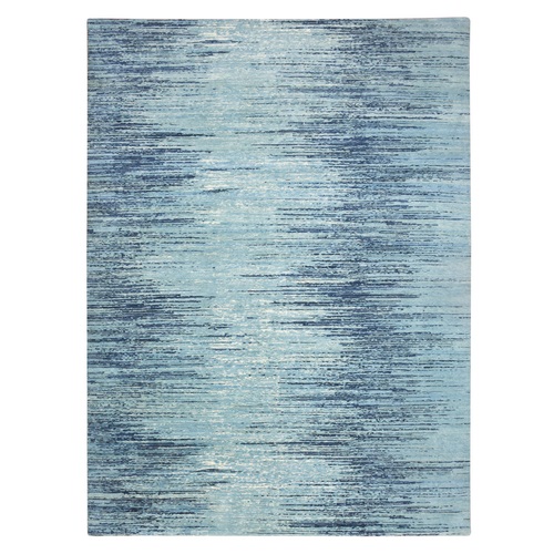 Cerulean Blue, Pure Wool, Horizontal Ombre Design, Thick and Plush, Hand Knotted, Oriental Rug