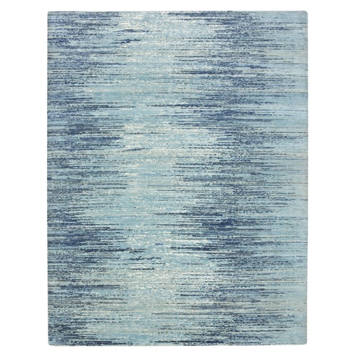 Shades of Blue, Horizontal Ombre Design, Pure Wool, Thick and Plush, Hand Knotted, Oriental Rug