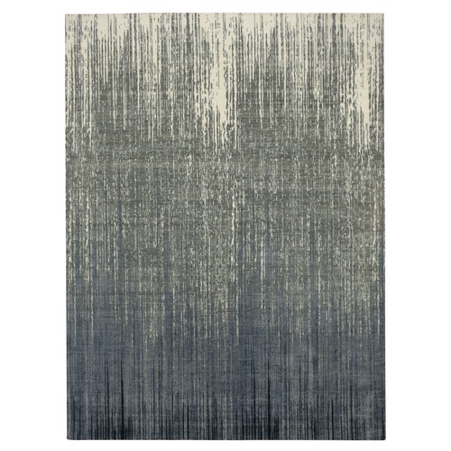 Charcoal Gray with Beige, Vertical Ombre Design, Pure Wool, Hand Knotted, Oriental 