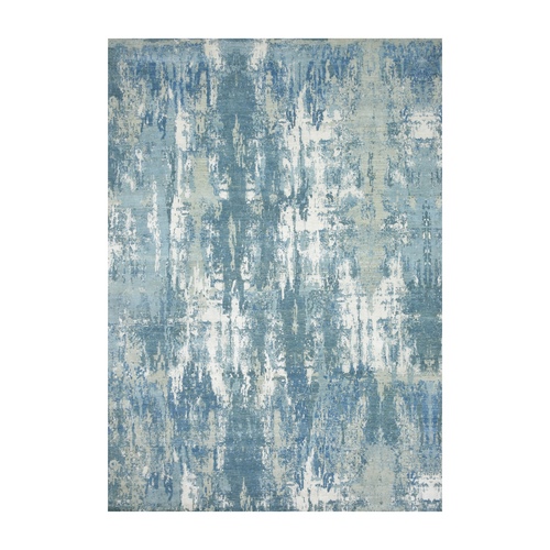 Imperial Blue, Abstract Design, Hand Knotted, Hi-Low Pile, Wool and Real Silk, Oriental Rug