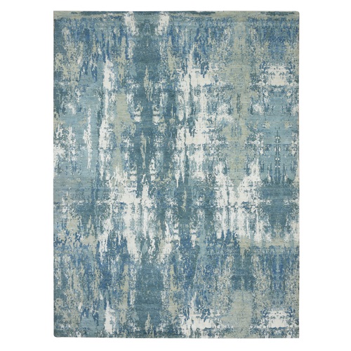 Oceanic Blue, Abstract Design, Denser Weave, Hi-Low Pile, Pure Wool, Hand Knotted, Oriental 