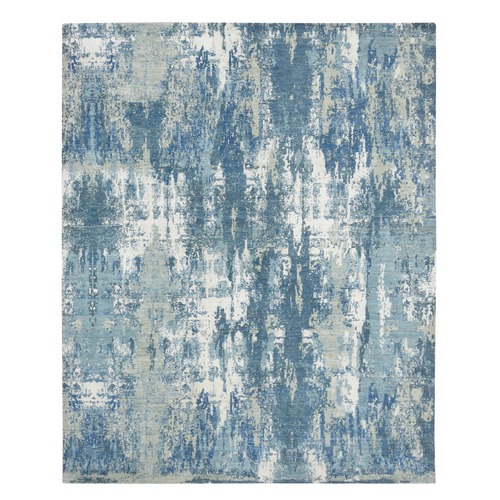 Shades of Blue, Abstract Design, Hi-Low Pile, Wool and Real Silk, Denser Weave, Hand Knotted, Oriental Rug