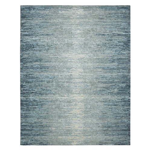 Aegean Blue, Horizontal Ombre Design, Pure Wool, Soft Pile, Hand Knotted, Oriental 