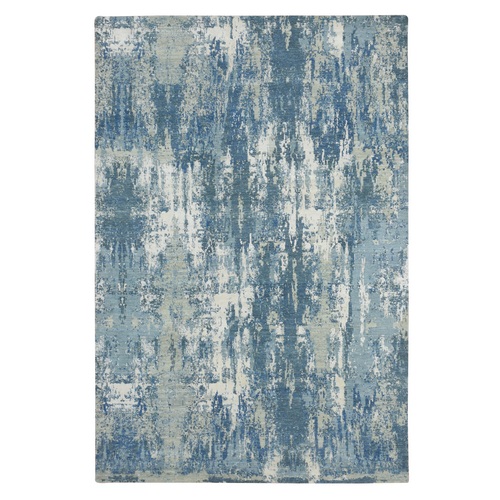 Cerulean Blue, Abstract Design, Denser Weave, Hi-Low Pile, Wool and Real Silk, Hand Knotted, Oriental Rug