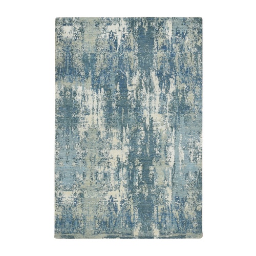 Sapphire Blue, Hand Knotted, Abstract Design, Denser Weave, Hi-Low Pile, Wool and Real Silk, Oriental Rug