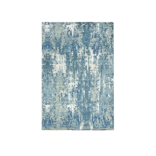 Powder Blue, Pure Wool, Abstract Design, Denser Weave, Hi-Low Pile, Hand Knotted, Oriental 