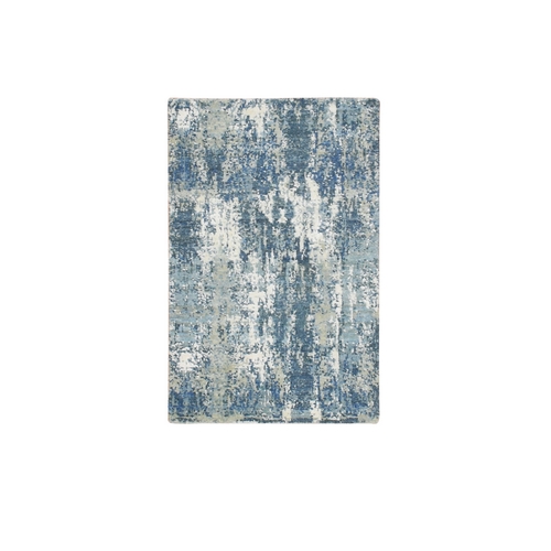 Oceanic Blue, Denser Weave, Abstract Design, Hi-Low Pile, Pure Wool, Hand Knotted, Mat, Oriental 