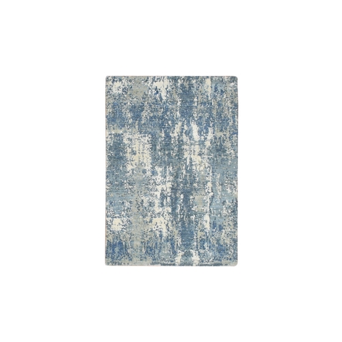 Stone Blue, Abstract Design, Denser Weave, Hi-Low Pile, Pure Wool, Hand Knotted, Mat, Oriental 