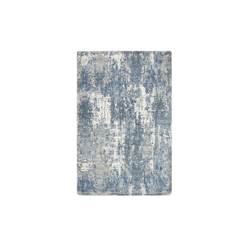 Imperial Blue, Abstract Design, Wool and Real Silk, Denser Weave, Hi-Low Pile, Hand Knotted, Mat, Oriental Rug