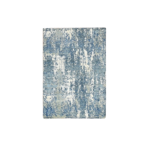 Cerulean Blue, Abstract Design, Denser Weave, Hi-Low Pile, Pure Wool, Hand Knotted, Mat, Oriental 