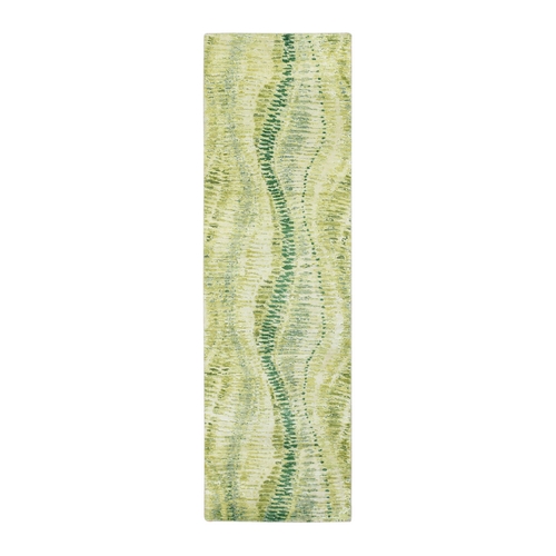 Shades of Green, Soft to the Touch, 100% Silk, Hand Knotted, Crocodile Safari Design, Runner, Oriental 