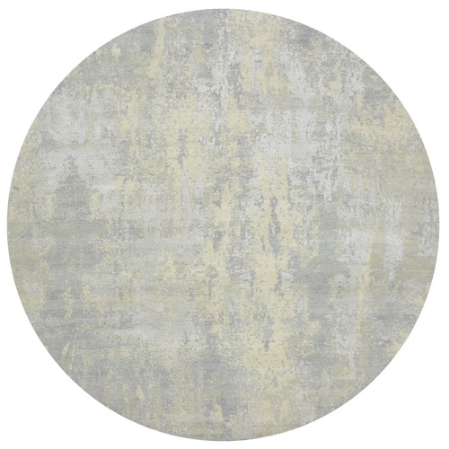 Pastel Gray, Modern Abstract Design with Soft Colors, Wool and Pure Silk, Hand Knotted, Round, Oriental Rug