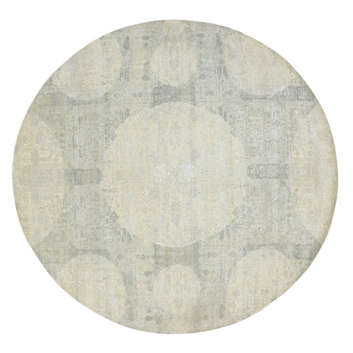 Oyster White, Jewelry Design, Wool and Silk, Hand Knotted, Round, Oriental 
