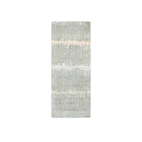 Shades of Gray, Cardiac Design with Pastel Colors, Textured Wool and Pure Silk, Hand Knotted, Narrow Runner, Oriental 