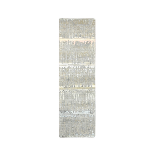 Shades of Gray, Textured Wool and Pure Silk, Cardiac Design with Pastel Colors, Hand Knotted, Narrow Runner, Oriental 
