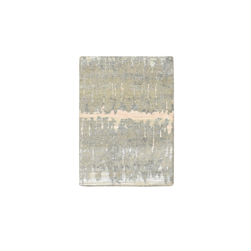 Shades of Gray, Cardiac Design with Pastel Colors, Textured Wool and Pure Silk, Hand Knotted, Mat, Sample, Oriental 