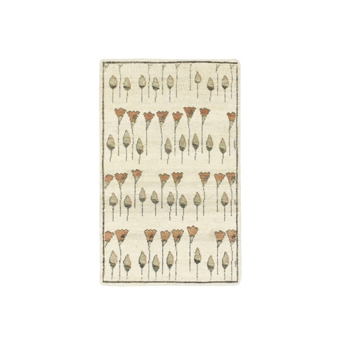 Tan Color, Acorns and Brown Flowers Repetitive Design, Hand Knotted, 100% Wool, Mat, Sample, Oriental 