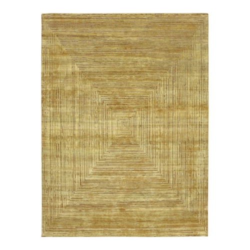 Golden Brown, Labyrinth Design with Intricate Three Dimensional Pattern, Pure Silk with Oxidized Wool, Hand Knotted, Oriental 