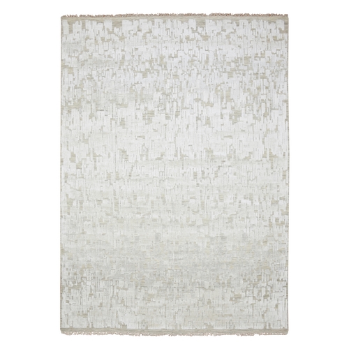 Alabaster White, Pure Silk, Textured, Tone on Tone, Modern, Hand Knotted, Oriental 
